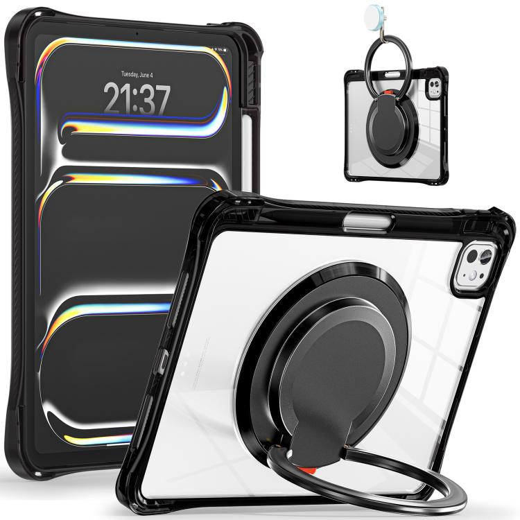 For iPad Pro 11 2025 / 2024 Rotation Ring Handle TPU Hybrid Clear PC Tablet Case