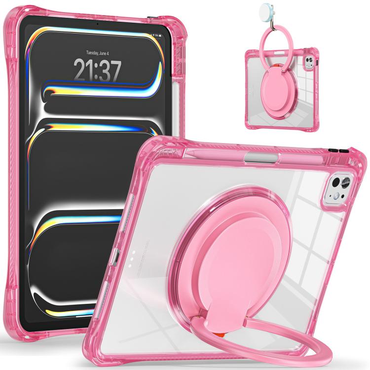 For iPad Pro 11 2025 / 2024 Rotation Ring Handle TPU Hybrid Clear PC Tablet Case