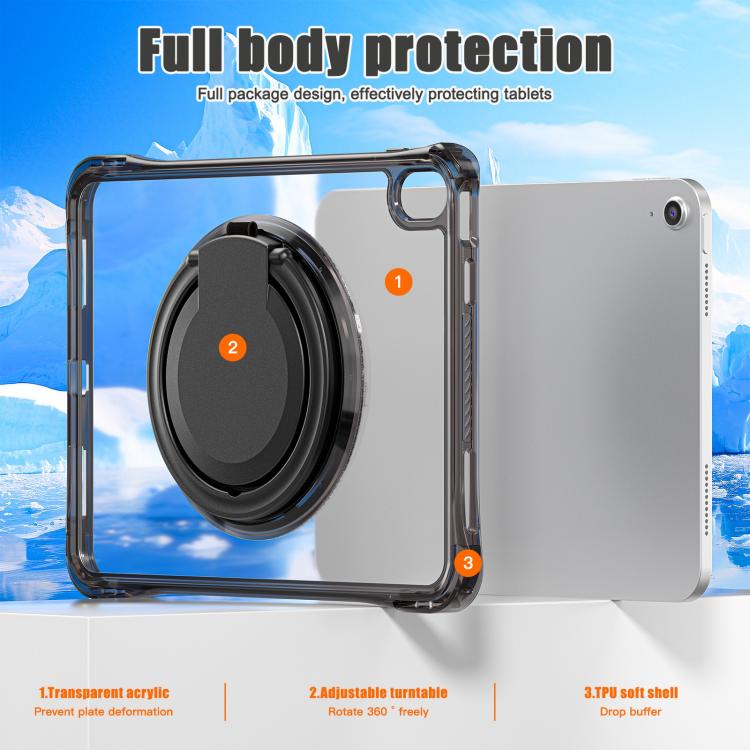 For iPad 2025 / 2022 Rotation Ring Handle TPU Hybrid Clear PC Tablet Case
