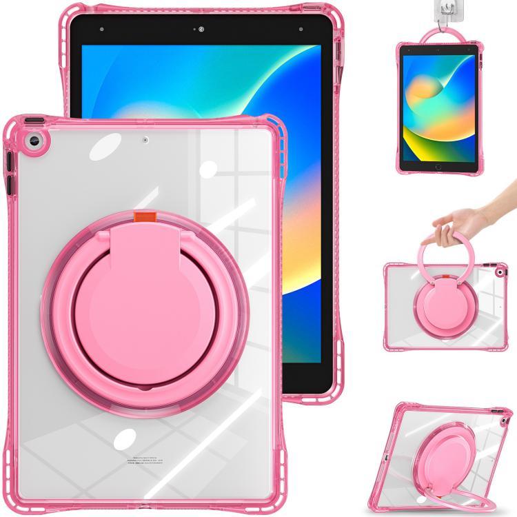 For iPad 10.2 2021 / 2020 / 2019 Rotation Ring Handle TPU Hybrid Clear PC Tablet Case