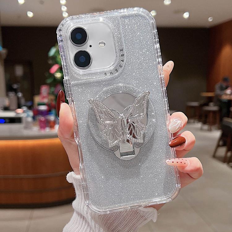 For iPhone 16 Mirror Butterfly Holder Glitterr MagSafe Phone Case