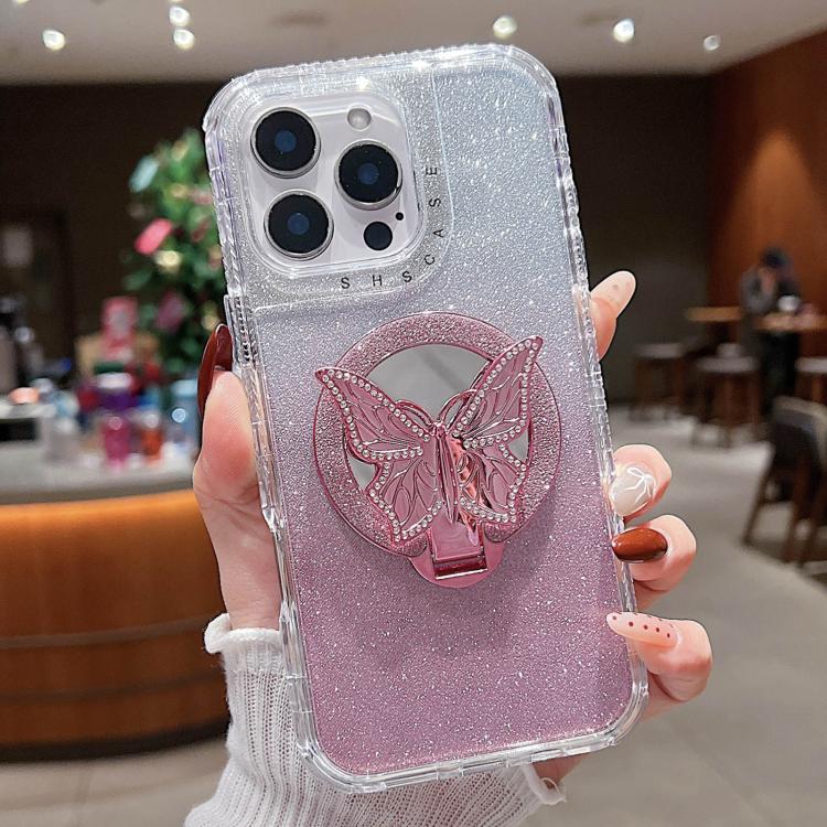 For iPhone 15 Pro Max Mirror Butterfly Holder Glitterr MagSafe Phone Case