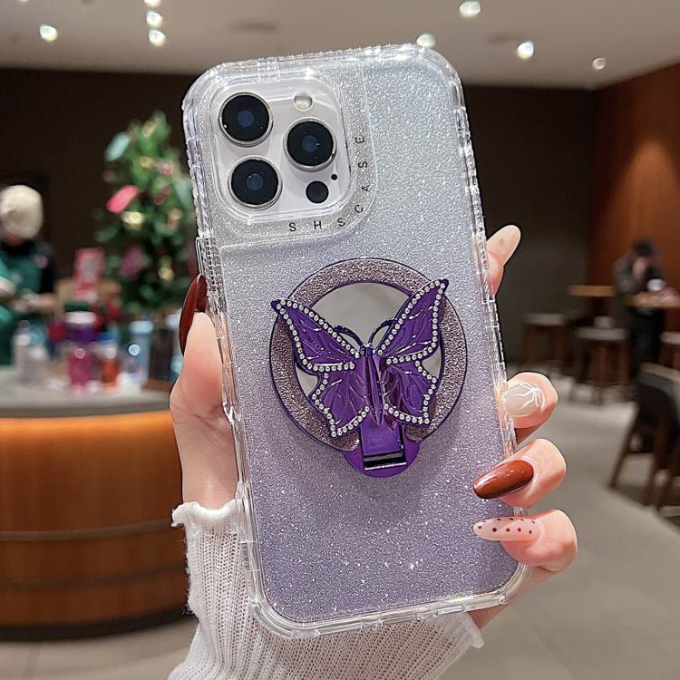For iPhone 15 Pro Max Mirror Butterfly Holder Glitterr MagSafe Phone Case