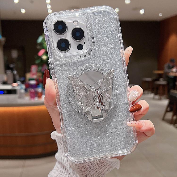 For iPhone 15 Pro Mirror Butterfly Holder Glitterr MagSafe Phone Case