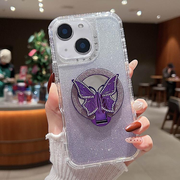 For iPhone 15 Plus Mirror Butterfly Holder Glitterr MagSafe Phone Case