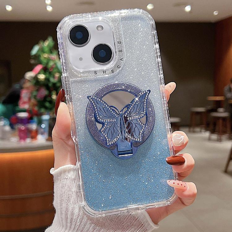 For iPhone 15 Mirror Butterfly Holder Glitterr MagSafe Phone Case