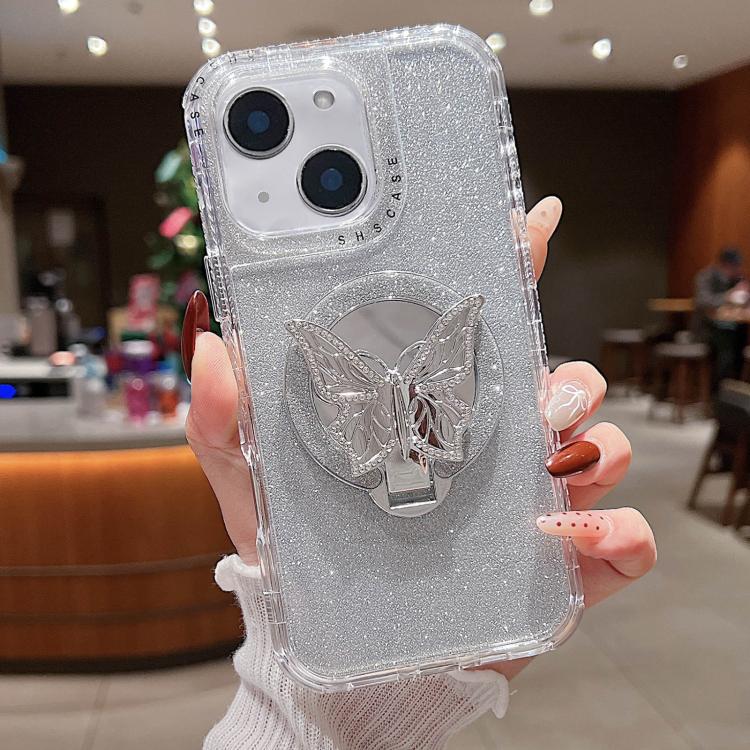 For iPhone 14 Plus Mirror Butterfly Holder Glitterr MagSafe Phone Case