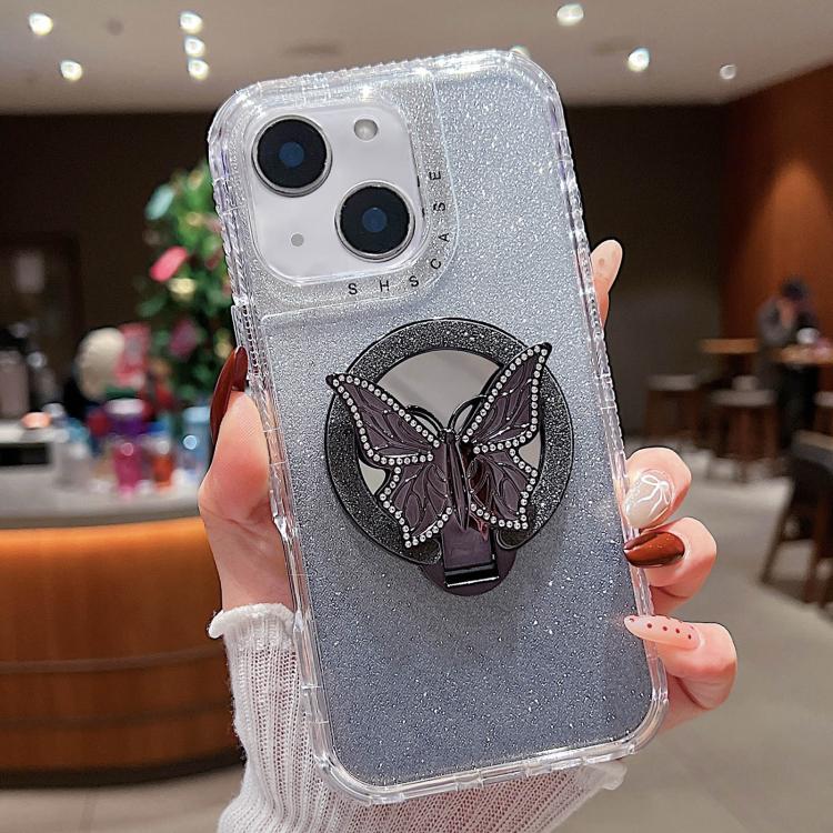 For iPhone 14 Mirror Butterfly Holder Glitterr MagSafe Phone Case