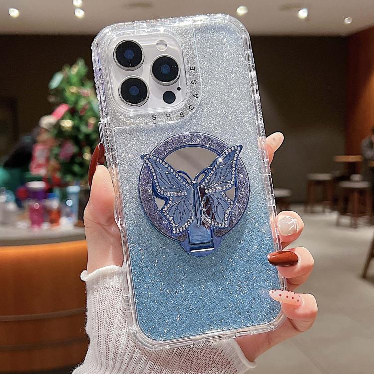 For iPhone 14 Pro Max Mirror Butterfly Holder Glitterr MagSafe Phone Case