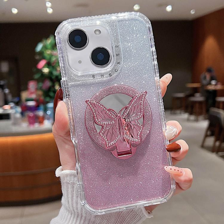 For iPhone 13 Mirror Butterfly Holder Glitterr MagSafe Phone Case