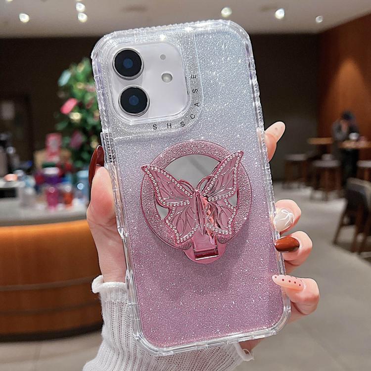 For iPhone 12 Mirror Butterfly Holder Glitterr MagSafe Phone Case