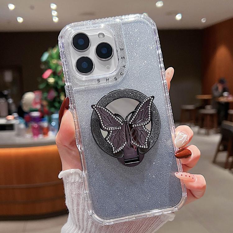 For iPhone 11 Pro Max Mirror Butterfly Holder Glitterr MagSafe Phone Case