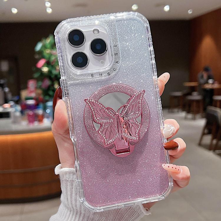 For iPhone 11 Pro Max Mirror Butterfly Holder Glitterr MagSafe Phone Case