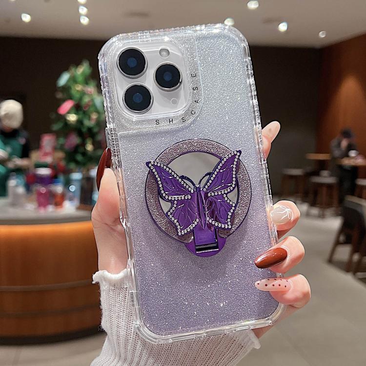 For iPhone 11 Pro Max Mirror Butterfly Holder Glitterr MagSafe Phone Case