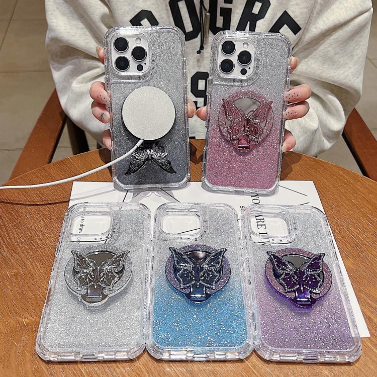 For iPhone 15 Pro Max Mirror Butterfly Holder Glitterr MagSafe Phone Case