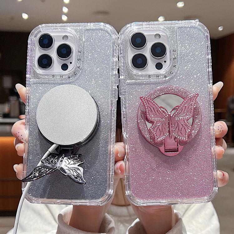 For iPhone 15 Pro Max Mirror Butterfly Holder Glitterr MagSafe Phone Case