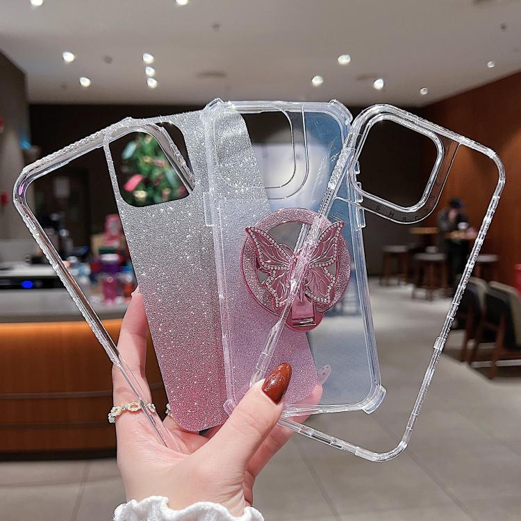 For iPhone 15 Pro Max Mirror Butterfly Holder Glitterr MagSafe Phone Case