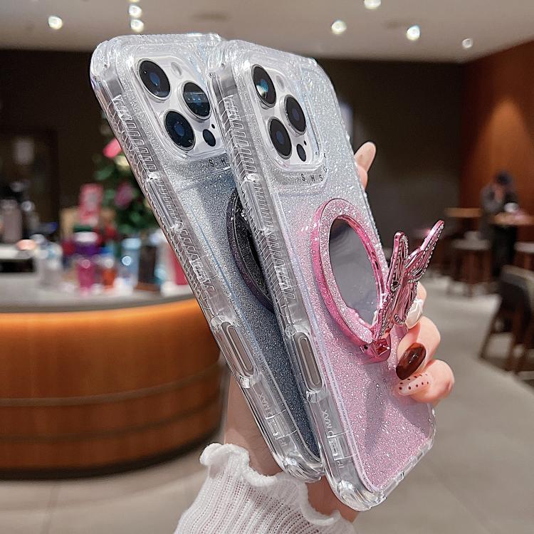 For iPhone 14 Pro Mirror Butterfly Holder Glitterr MagSafe Phone Case
