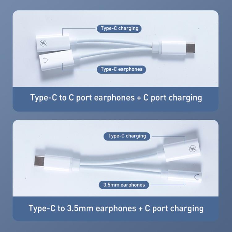 2 in 1 Type-C Male to Type-C Charging and Type-C Audio Female Earphone Adapter - White