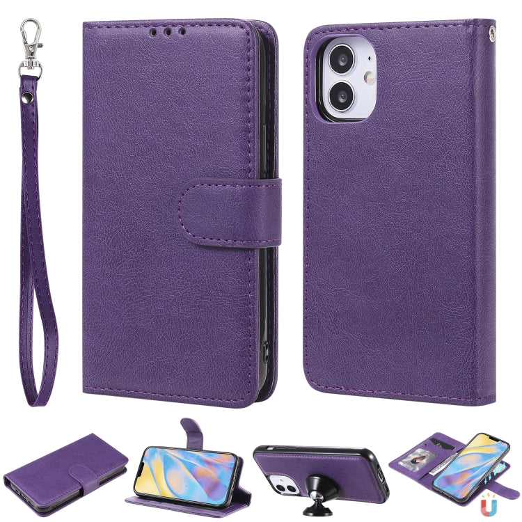For iPhone 12 mini 2 in 1 Solid Color Detachable PU Leather Case with Card Slots & Magnetic Holder & Photo Frame & Wallet & Strap