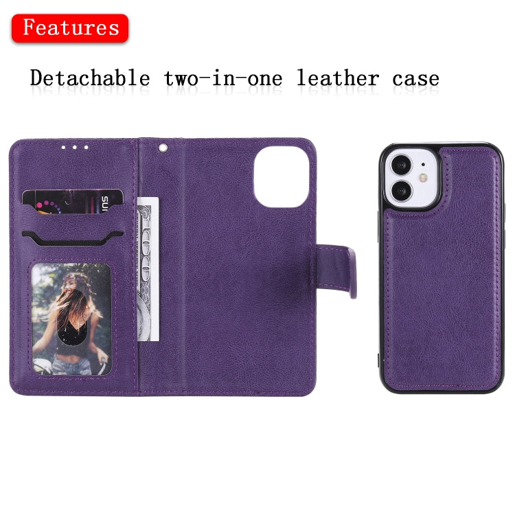 For iPhone 12 mini 2 in 1 Solid Color Detachable PU Leather Case with Card Slots & Magnetic Holder & Photo Frame & Wallet & Strap
