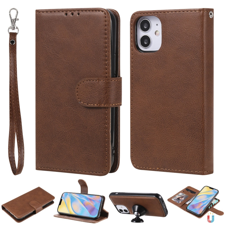 For iPhone 12 mini 2 in 1 Solid Color Detachable PU Leather Case with Card Slots & Magnetic Holder & Photo Frame & Wallet & Strap