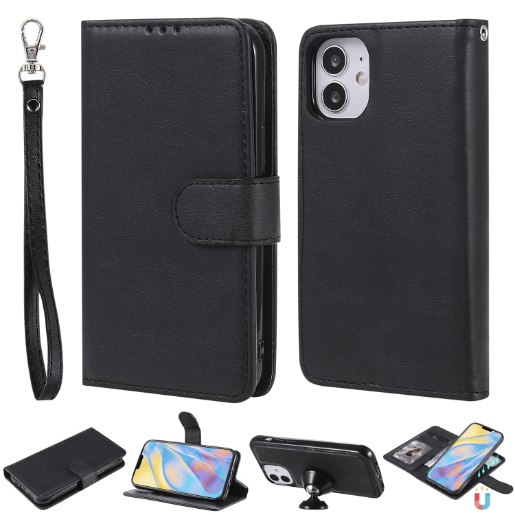 For iPhone 12 mini 2 in 1 Solid Color Detachable PU Leather Case with Card Slots & Magnetic Holder & Photo Frame & Wallet & Strap