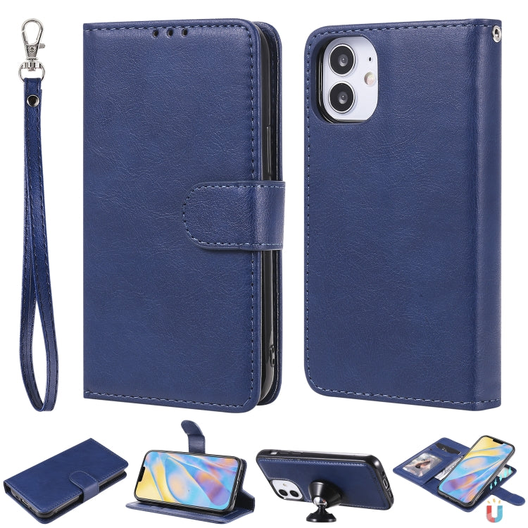 For iPhone 12 mini 2 in 1 Solid Color Detachable PU Leather Case with Card Slots & Magnetic Holder & Photo Frame & Wallet & Strap