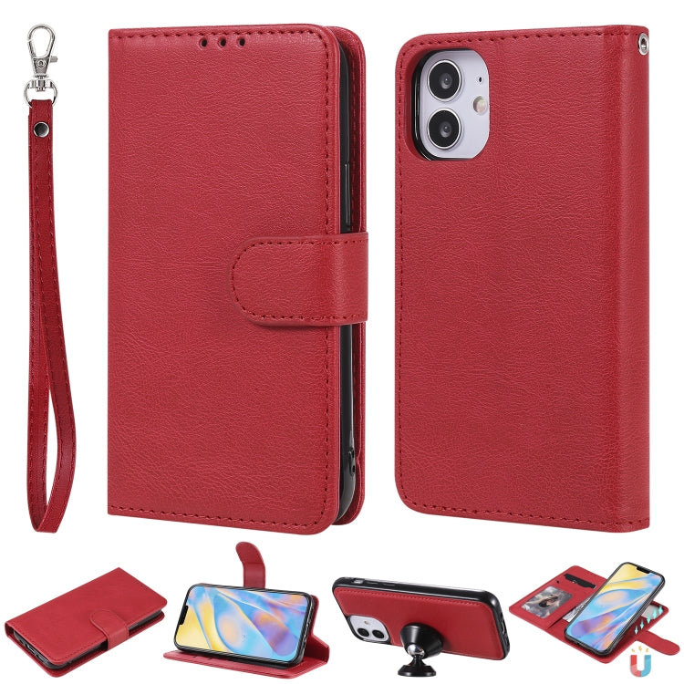 For iPhone 12 mini 2 in 1 Solid Color Detachable PU Leather Case with Card Slots & Magnetic Holder & Photo Frame & Wallet & Strap
