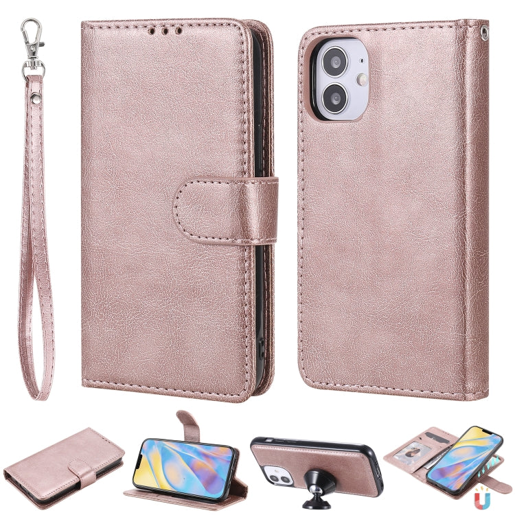 For iPhone 12 mini 2 in 1 Solid Color Detachable PU Leather Case with Card Slots & Magnetic Holder & Photo Frame & Wallet & Strap