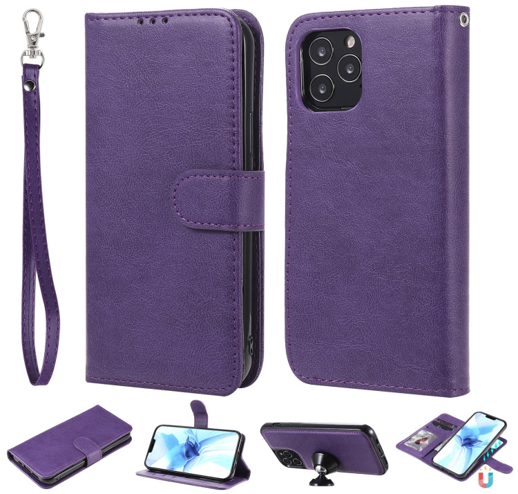 For iPhone 12 / 12 Pro 2 in 1 Solid Color Detachable PU Leather Case with Card Slots & Magnetic Holder & Photo Frame & Wallet & Strap