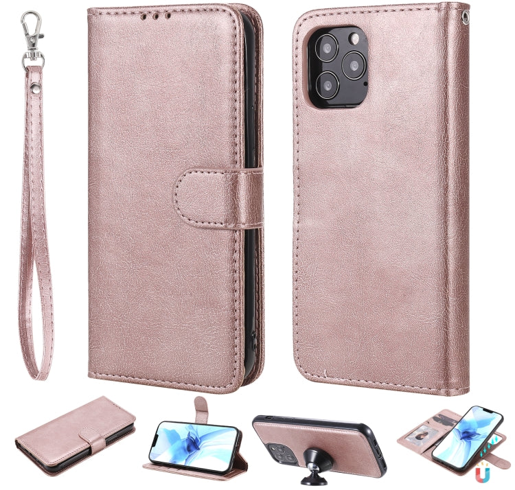 For iPhone 12 / 12 Pro 2 in 1 Solid Color Detachable PU Leather Case with Card Slots & Magnetic Holder & Photo Frame & Wallet & Strap