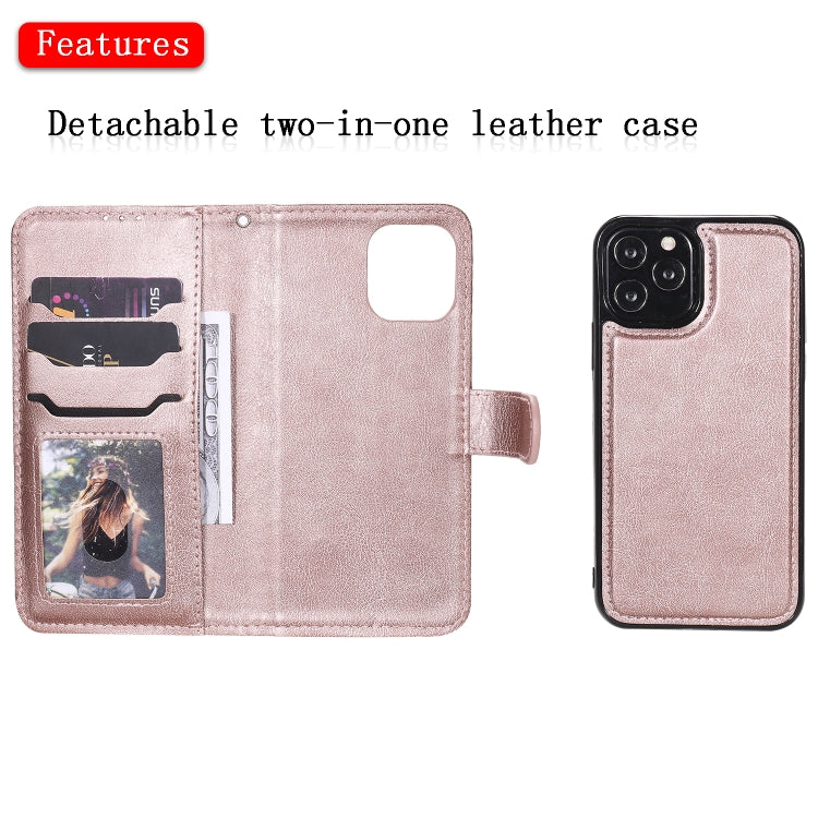 For iPhone 12 / 12 Pro 2 in 1 Solid Color Detachable PU Leather Case with Card Slots & Magnetic Holder & Photo Frame & Wallet & Strap