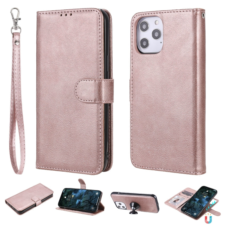 For iPhone 12 Pro Max 2 in 1 Solid Color Detachable PU Leather Case with Card Slots & Magnetic Holder & Photo Frame & Wallet & Strap