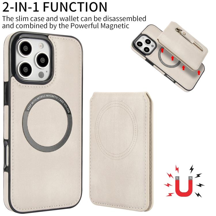 For iPhone 16 Pro Max Zipper Wallet Split MagSafe Leather Back Phone Case