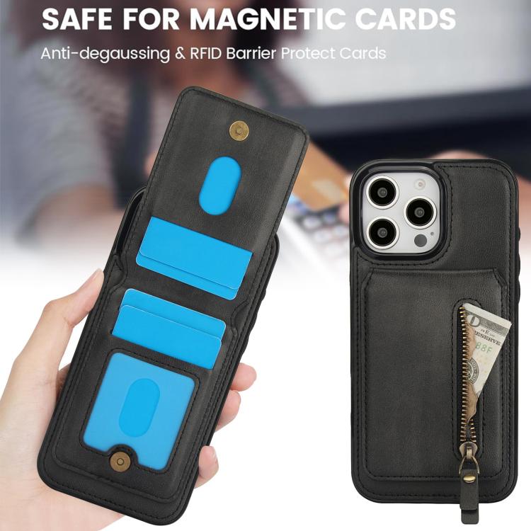 For iPhone 16 Pro Max Zipper Wallet Split MagSafe Leather Back Phone Case