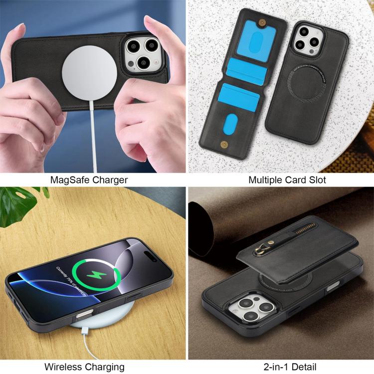 For iPhone 16 Pro Max Zipper Wallet Split MagSafe Leather Back Phone Case