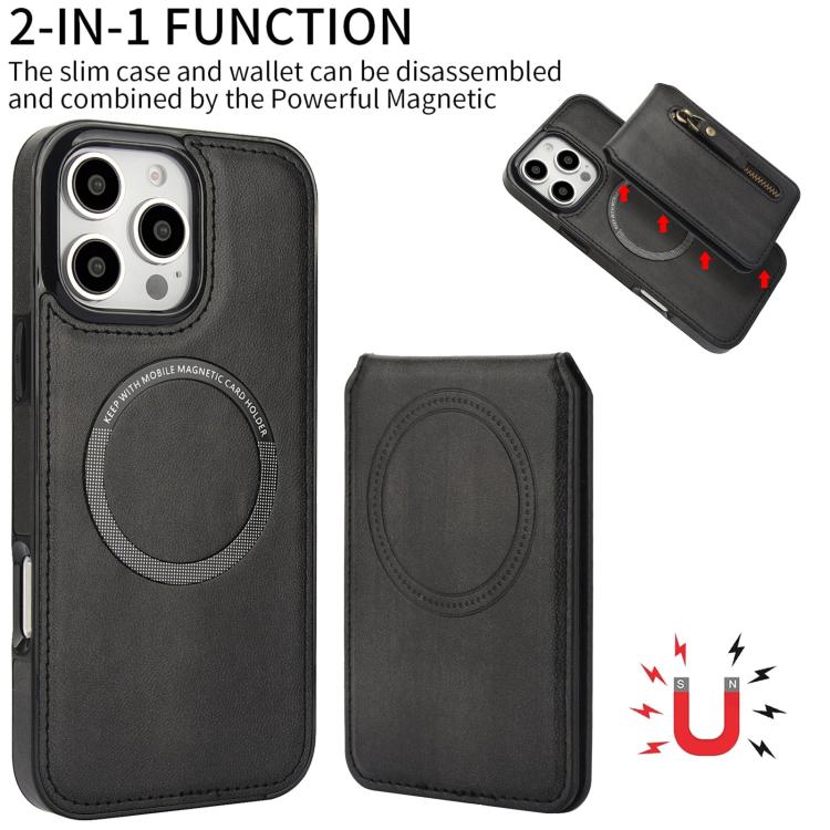 For iPhone 16 Pro Max Zipper Wallet Split MagSafe Leather Back Phone Case