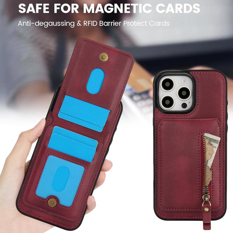For iPhone 16 Pro Max Zipper Wallet Split MagSafe Leather Back Phone Case