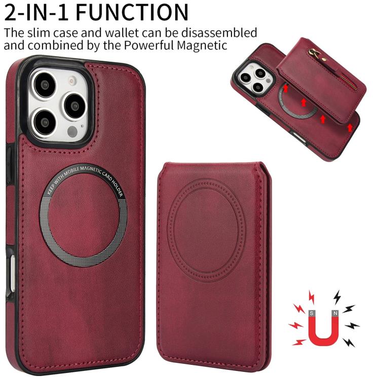 For iPhone 16 Pro Max Zipper Wallet Split MagSafe Leather Back Phone Case