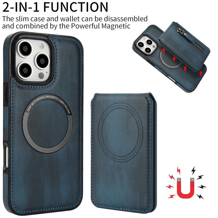 For iPhone 16 Pro Max Zipper Wallet Split MagSafe Leather Back Phone Case