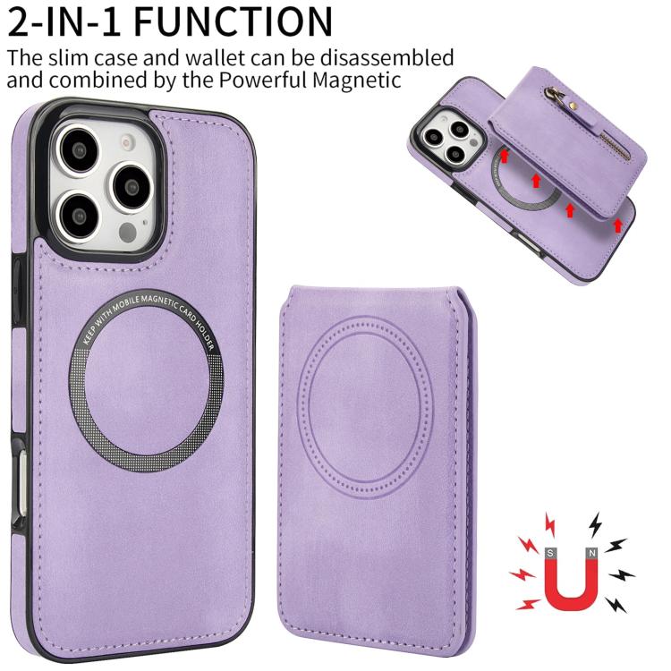 For iPhone 16 Pro Max Zipper Wallet Split MagSafe Leather Back Phone Case