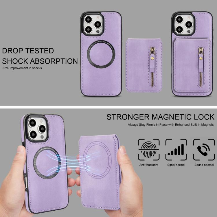 For iPhone 16 Pro Max Zipper Wallet Split MagSafe Leather Back Phone Case