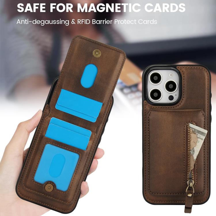 For iPhone 16 Pro Max Zipper Wallet Split MagSafe Leather Back Phone Case