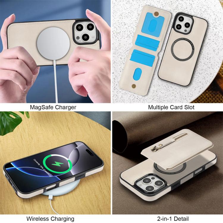 For iPhone 16 Pro Zipper Wallet Split MagSafe Leather Back Phone Case