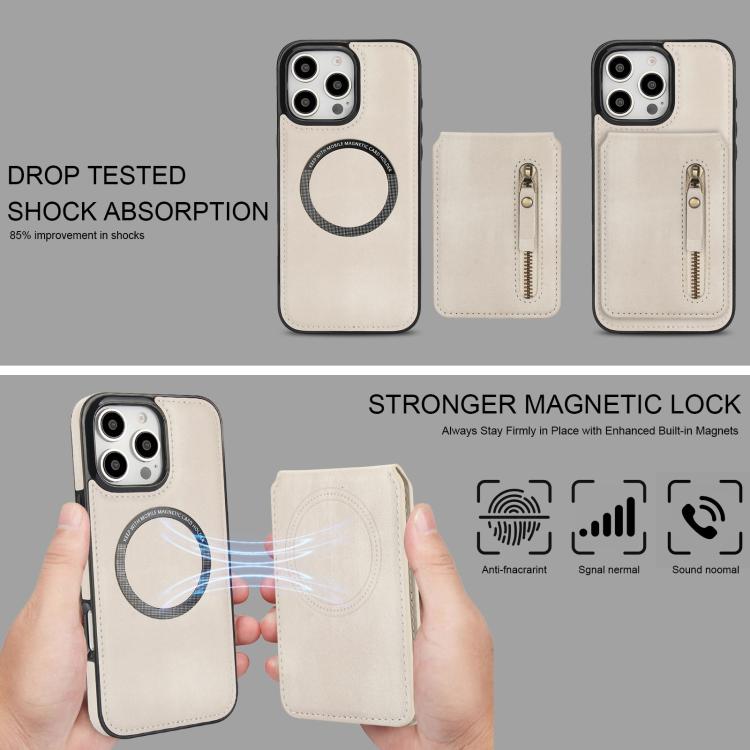 For iPhone 16 Pro Zipper Wallet Split MagSafe Leather Back Phone Case