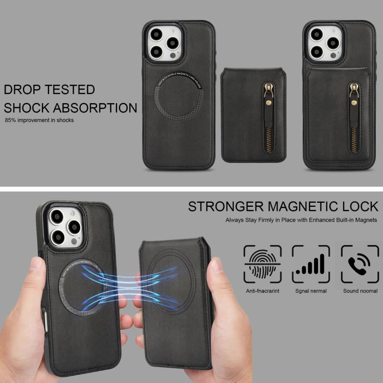 For iPhone 16 Pro Zipper Wallet Split MagSafe Leather Back Phone Case