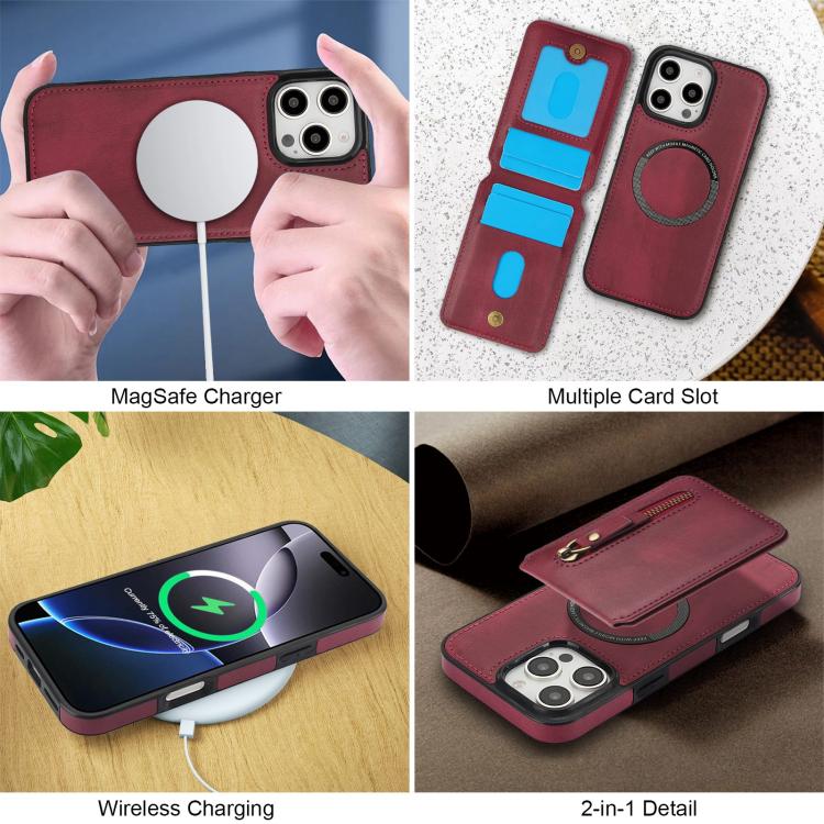 For iPhone 16 Pro Zipper Wallet Split MagSafe Leather Back Phone Case
