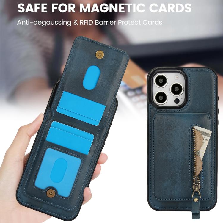 For iPhone 16 Pro Zipper Wallet Split MagSafe Leather Back Phone Case