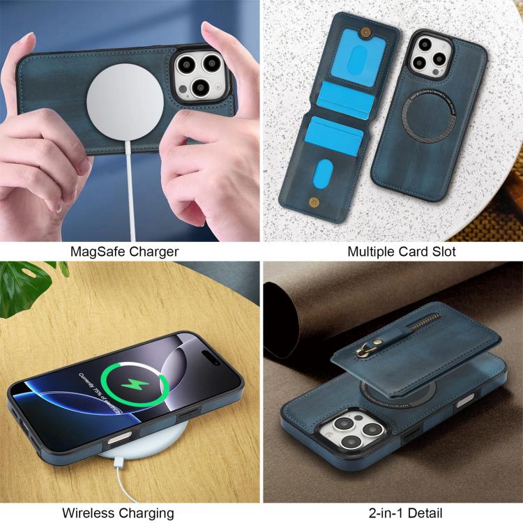 For iPhone 16 Pro Zipper Wallet Split MagSafe Leather Back Phone Case